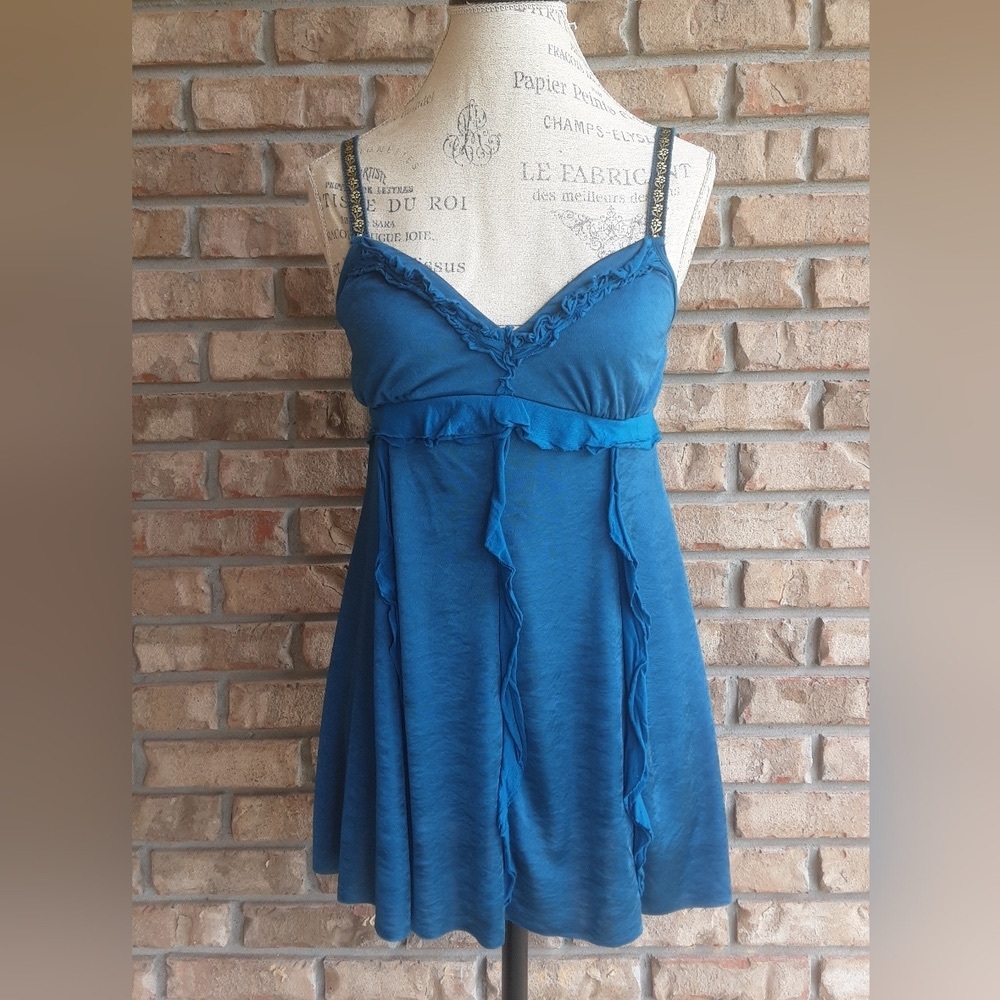 Free People Teal Ruffle Detail Boho Tank Top.